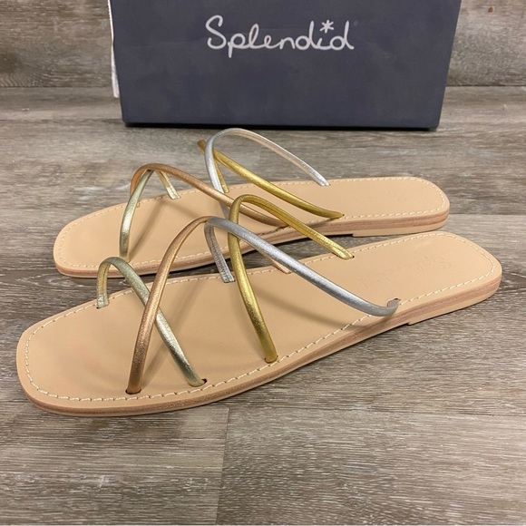Splendid | Frankie Strappy Sandals In Metallic Leather Gold Silver Bronze Size 9 - Picture 4 of 8